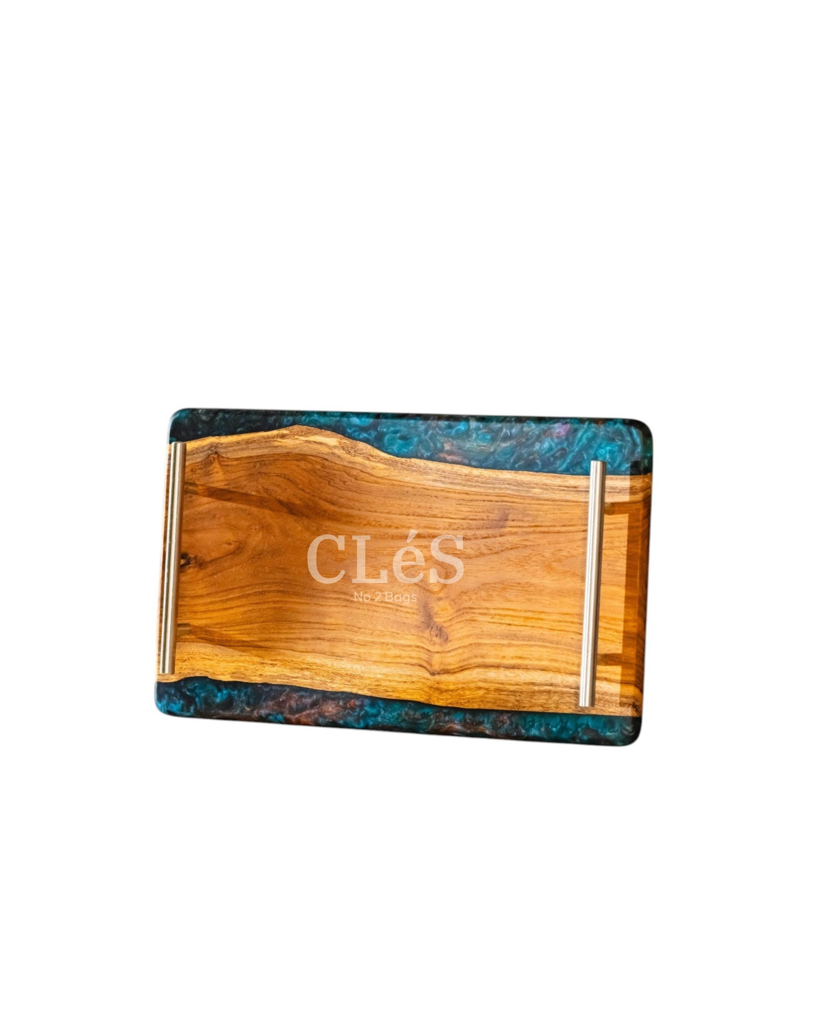 Handmade Abstract Epoxy Resin Wooden Serving Tray with Gold Handles