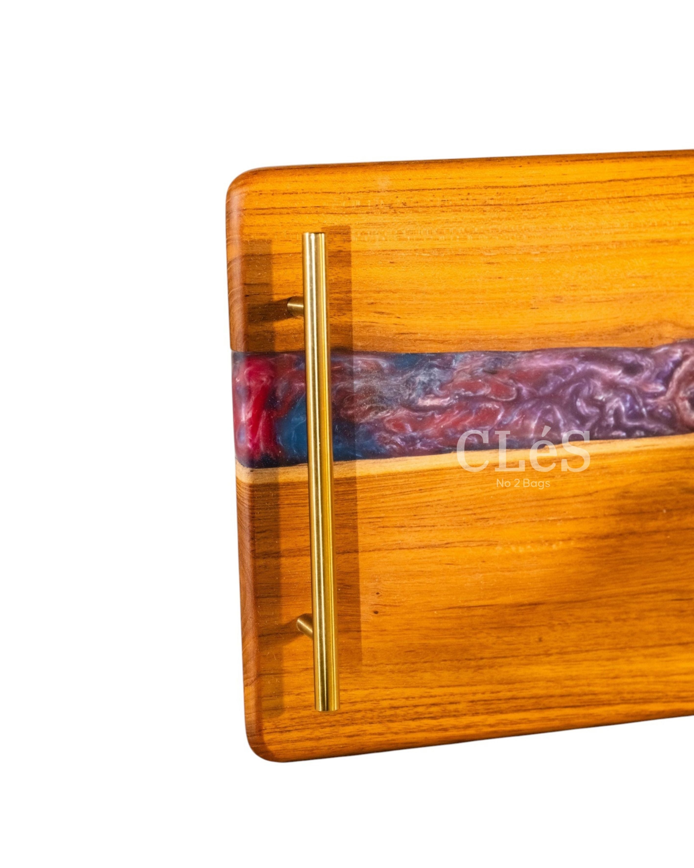 Handmade Abstract Epoxy Resin Wooden Serving Tray with Gold Handles