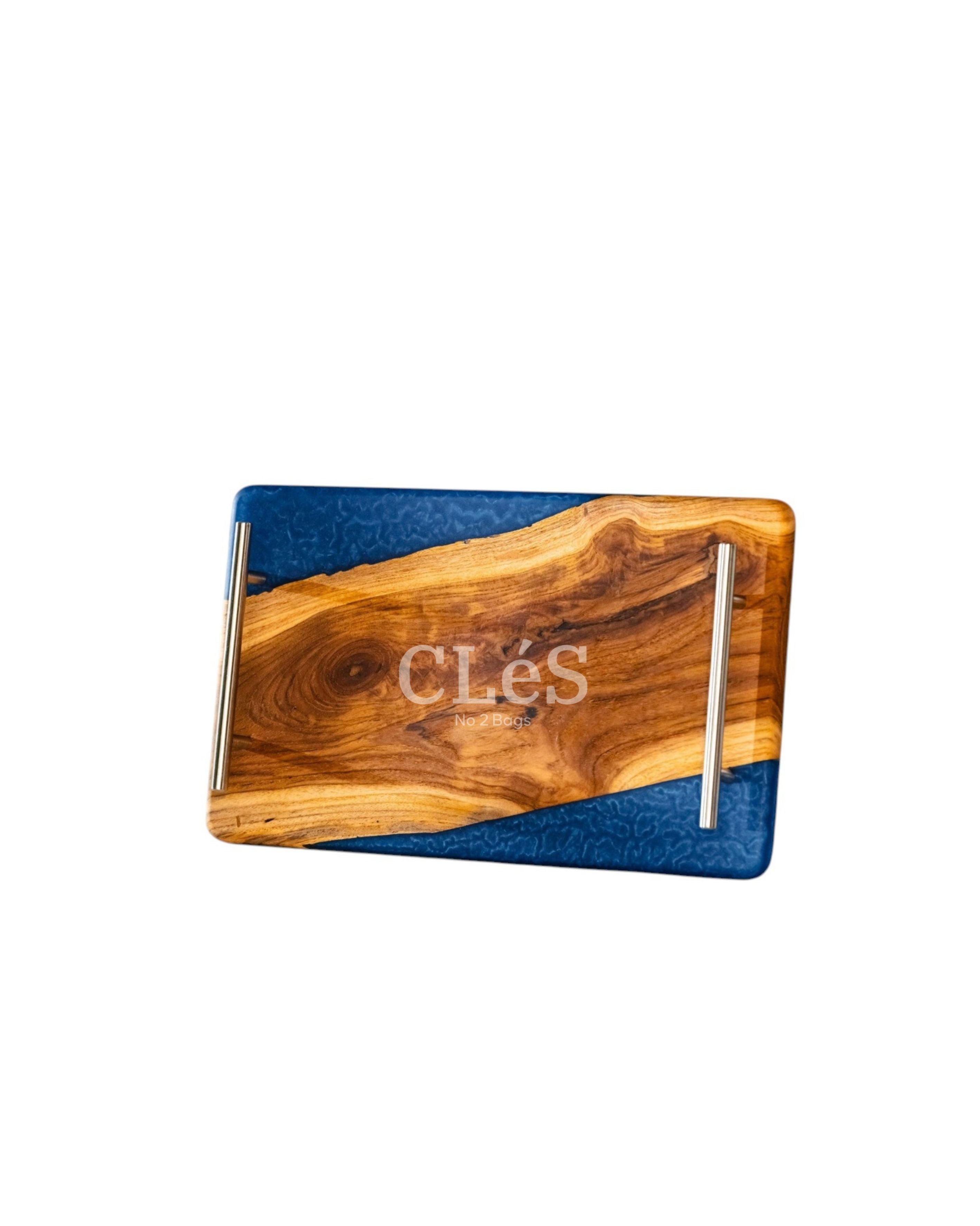 Handmade Blue Epoxy Resin Wooden Serving Tray with Gold Handles