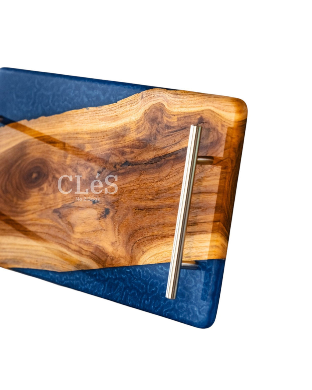 Handmade Blue Epoxy Resin Wooden Serving Tray with Gold Handles