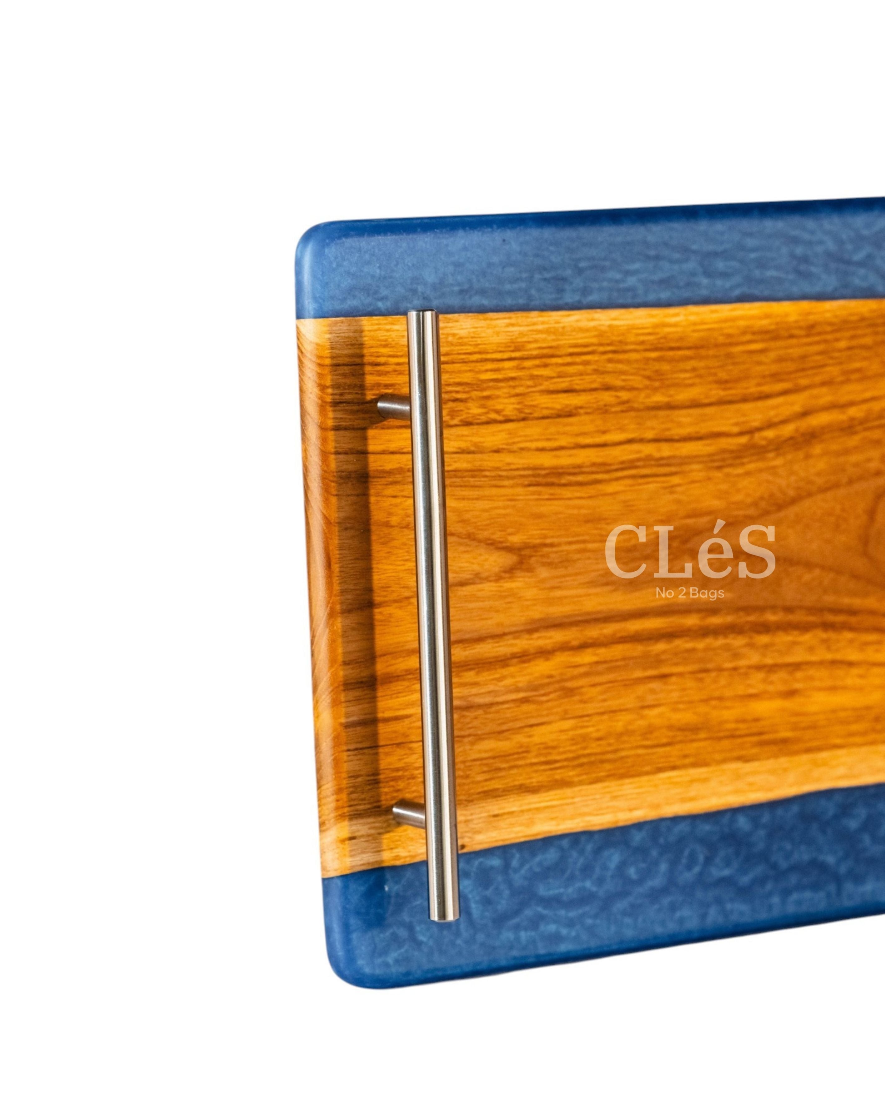 Handmade Blue Epoxy Resin Wooden Serving Tray with Gold Handles