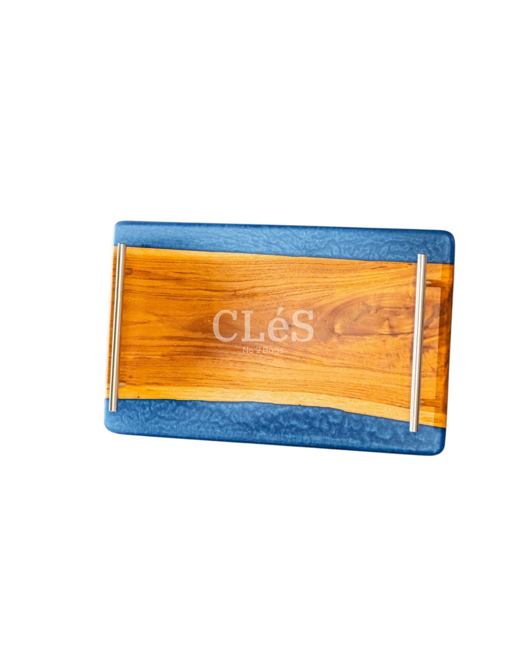 Handmade Blue Epoxy Resin Wooden Serving Tray with Gold Handles
