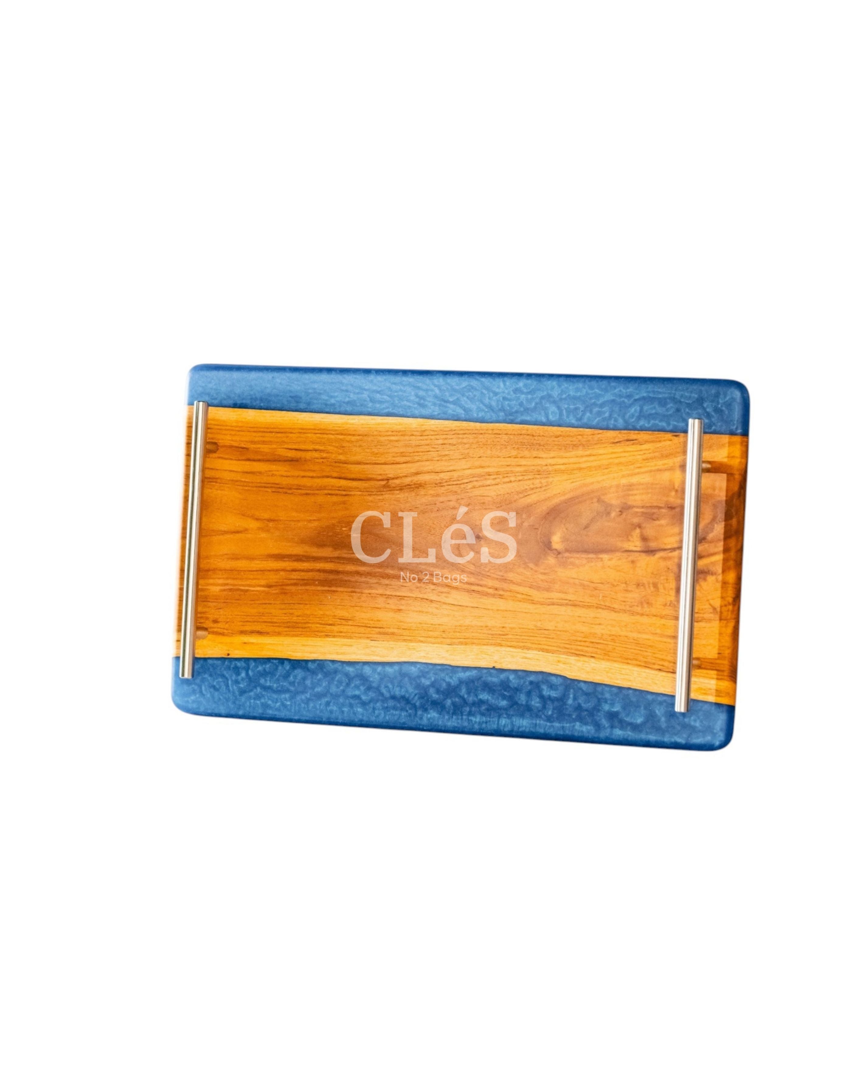Handmade Blue Epoxy Resin Wooden Serving Tray with Gold Handles