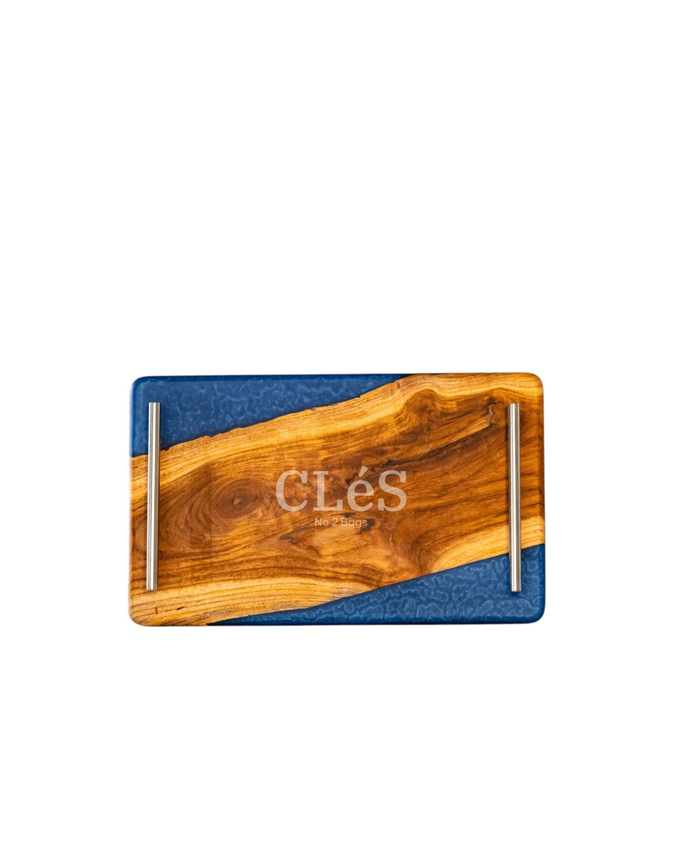 Handmade Blue Epoxy Resin Wooden Serving Tray with Gold Handles