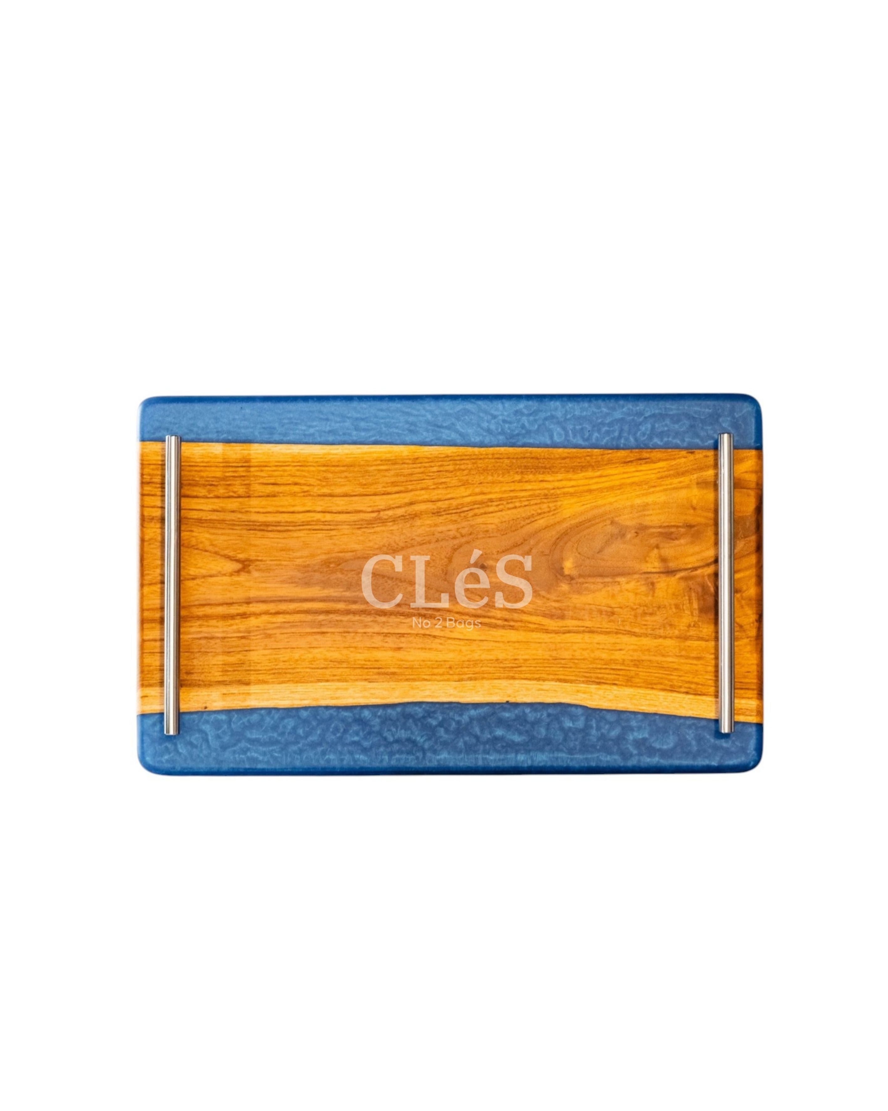 Handmade Blue Epoxy Resin Wooden Serving Tray with Gold Handles