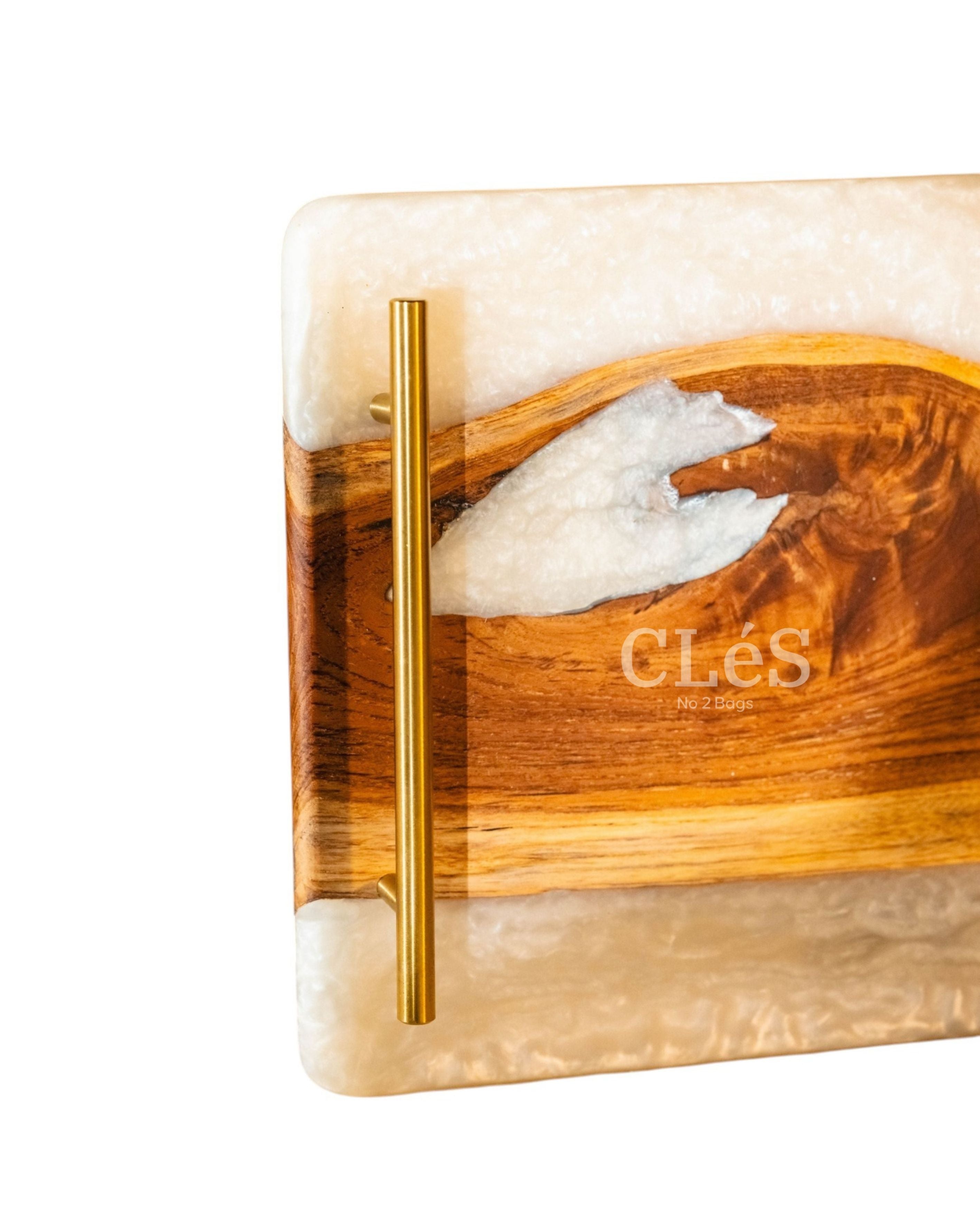 Handmade White Epoxy Resin Wooden Serving Tray with Gold Handles
