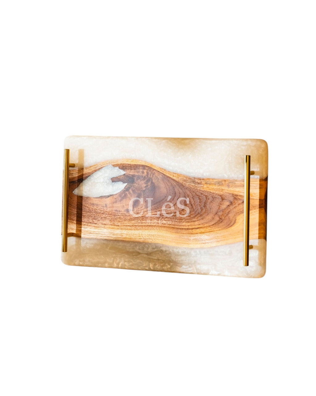 Handmade White Epoxy Resin Wooden Serving Tray with Gold Handles