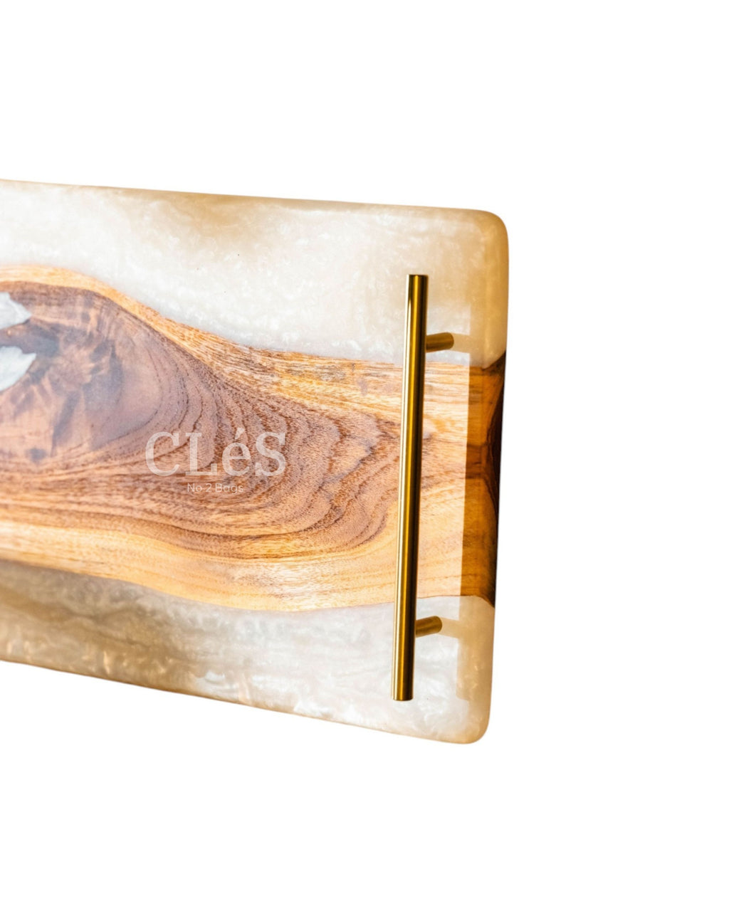 Handmade White Epoxy Resin Wooden Serving Tray with Gold Handles