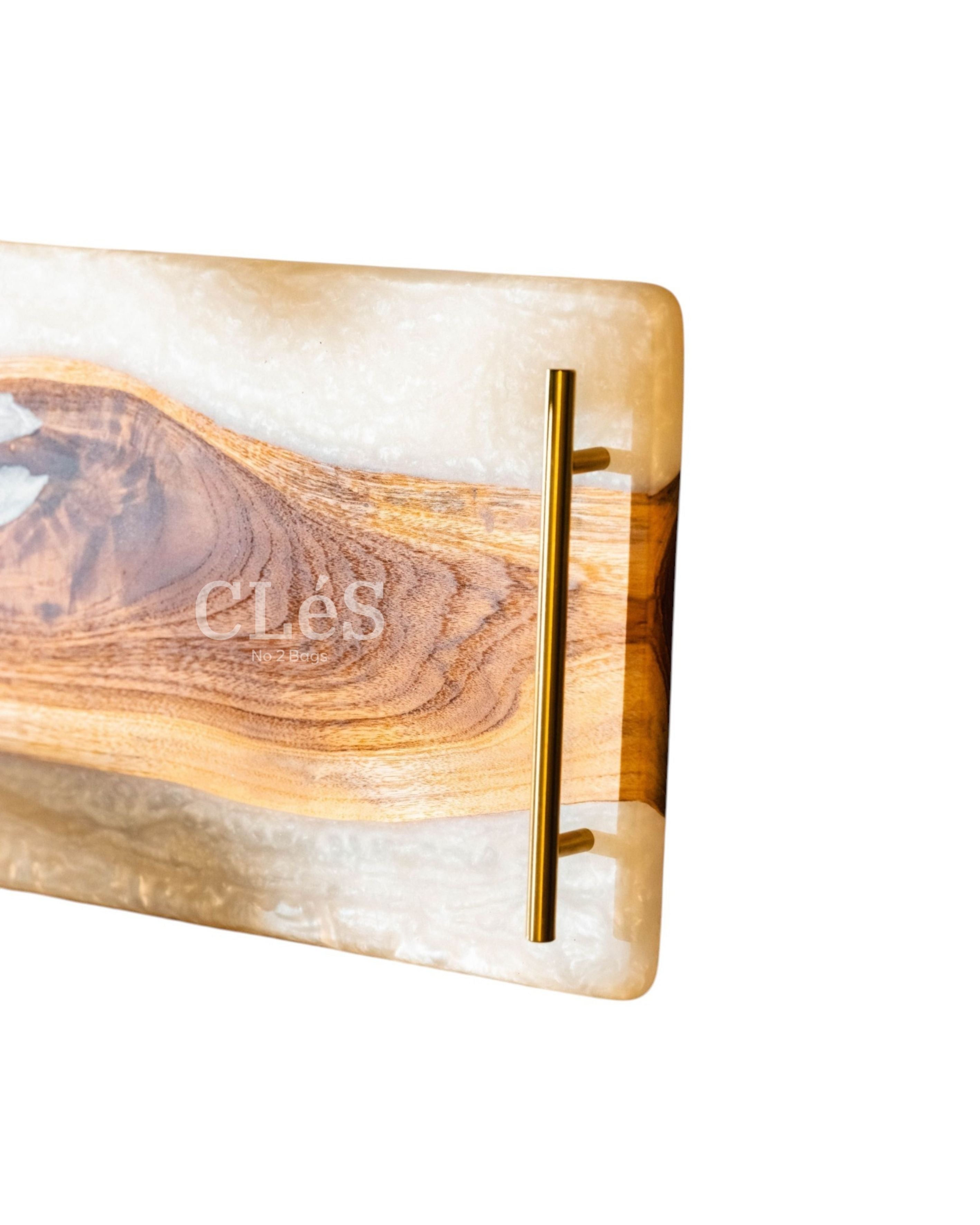 Handmade White Epoxy Resin Wooden Serving Tray with Gold Handles