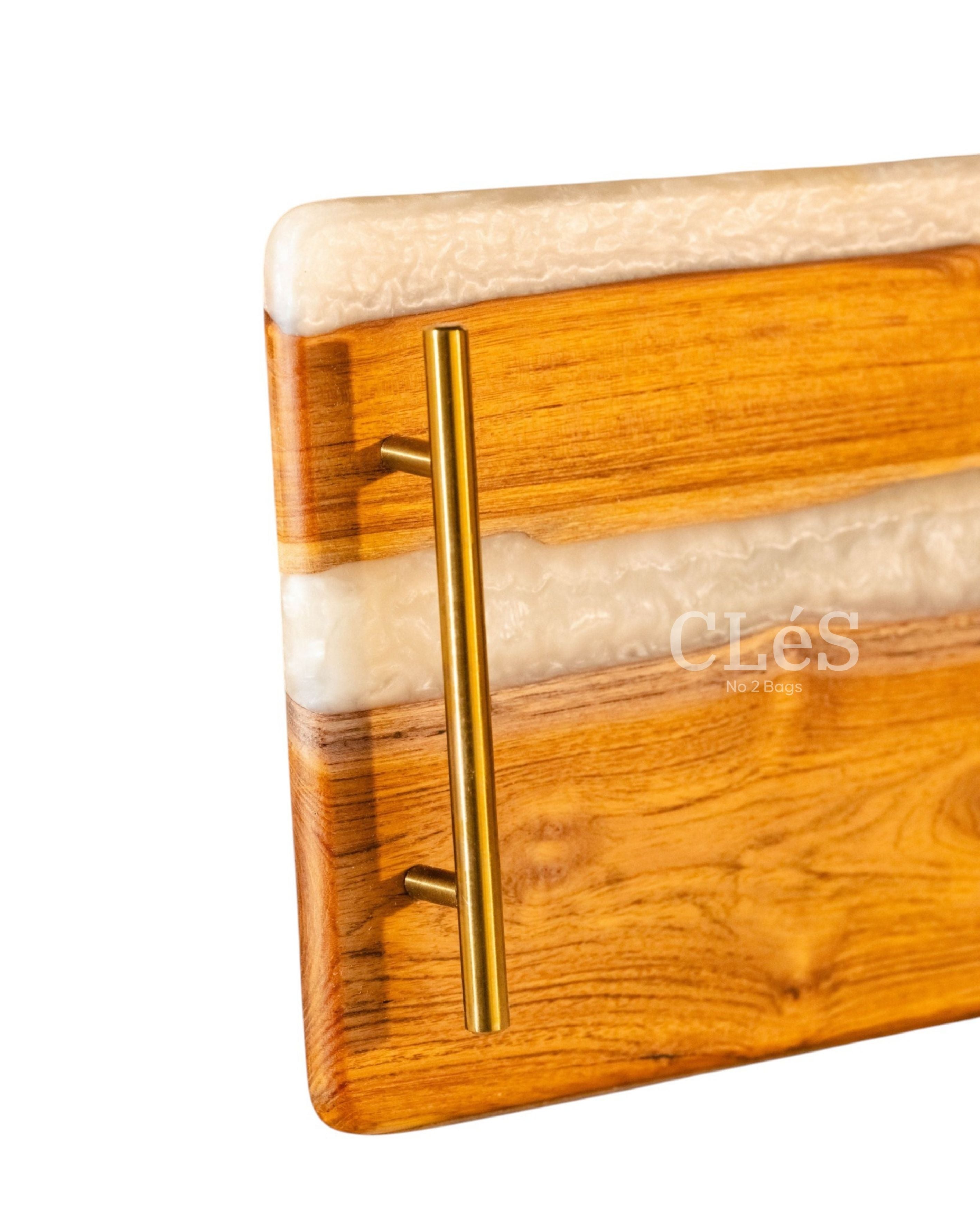Handmade White Epoxy Resin Wooden Serving Tray with Gold Handles