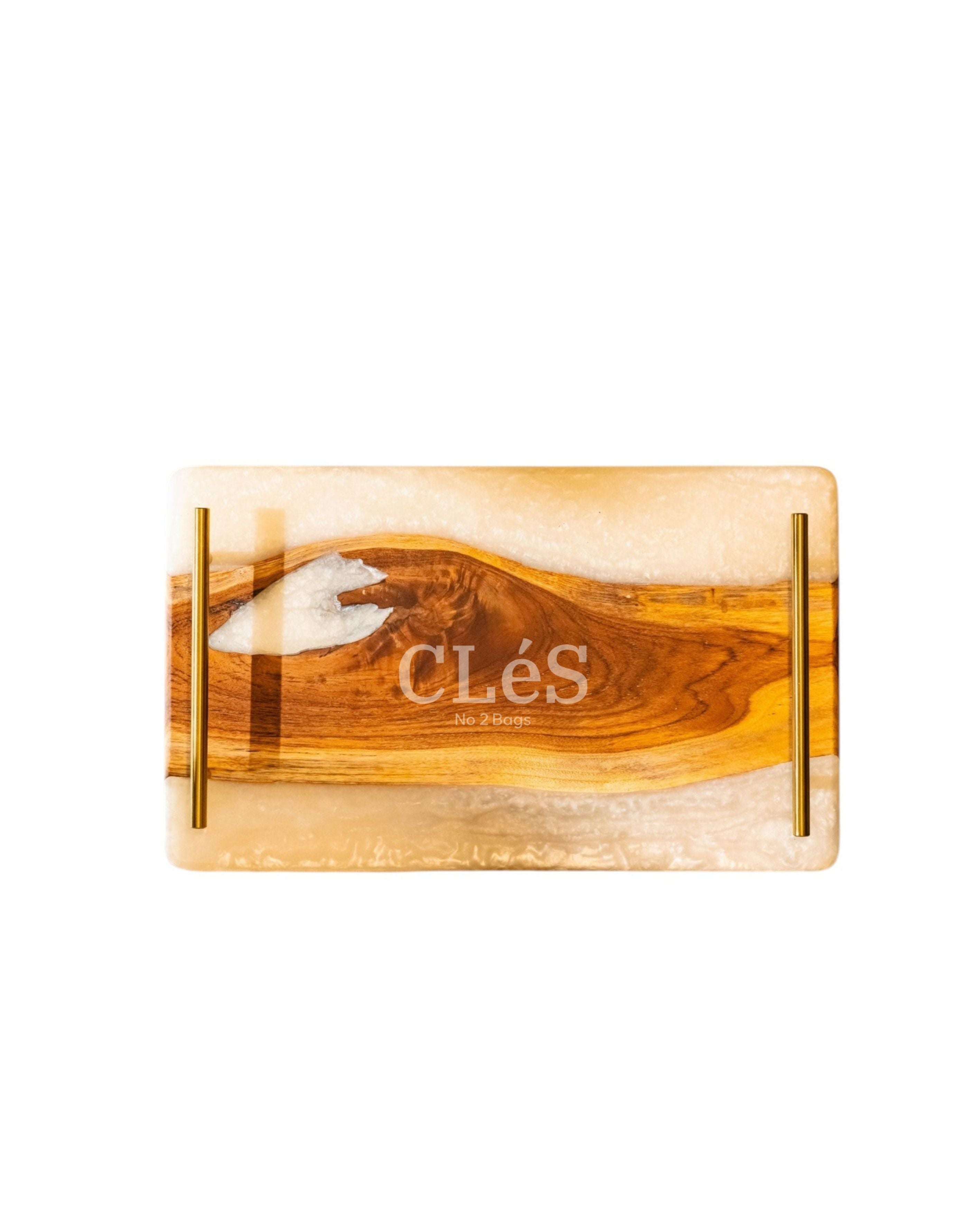 Handmade White Epoxy Resin Wooden Serving Tray with Gold Handles