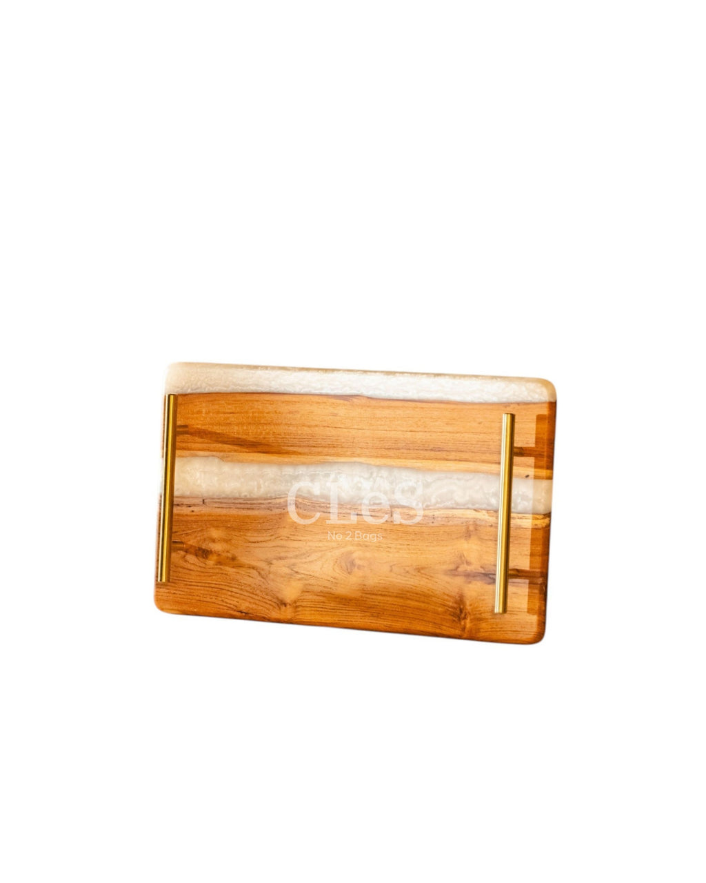 Handmade White Epoxy Resin Wooden Serving Tray with Gold Handles