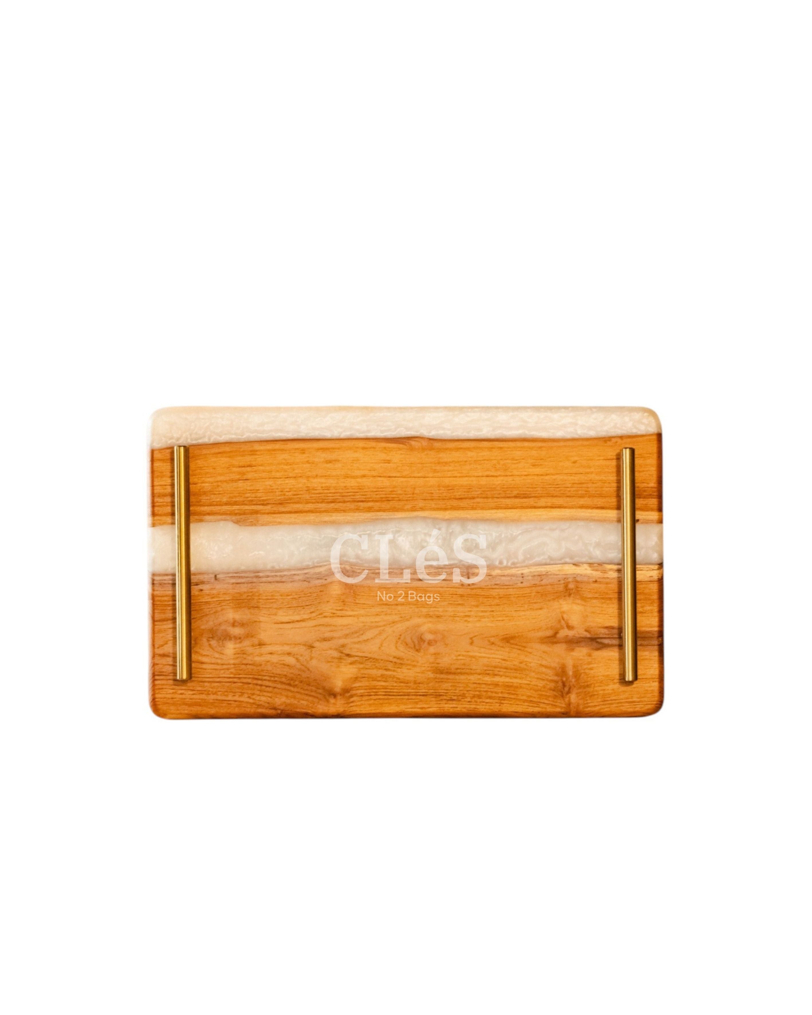 Handmade White Epoxy Resin Wooden Serving Tray with Gold Handles