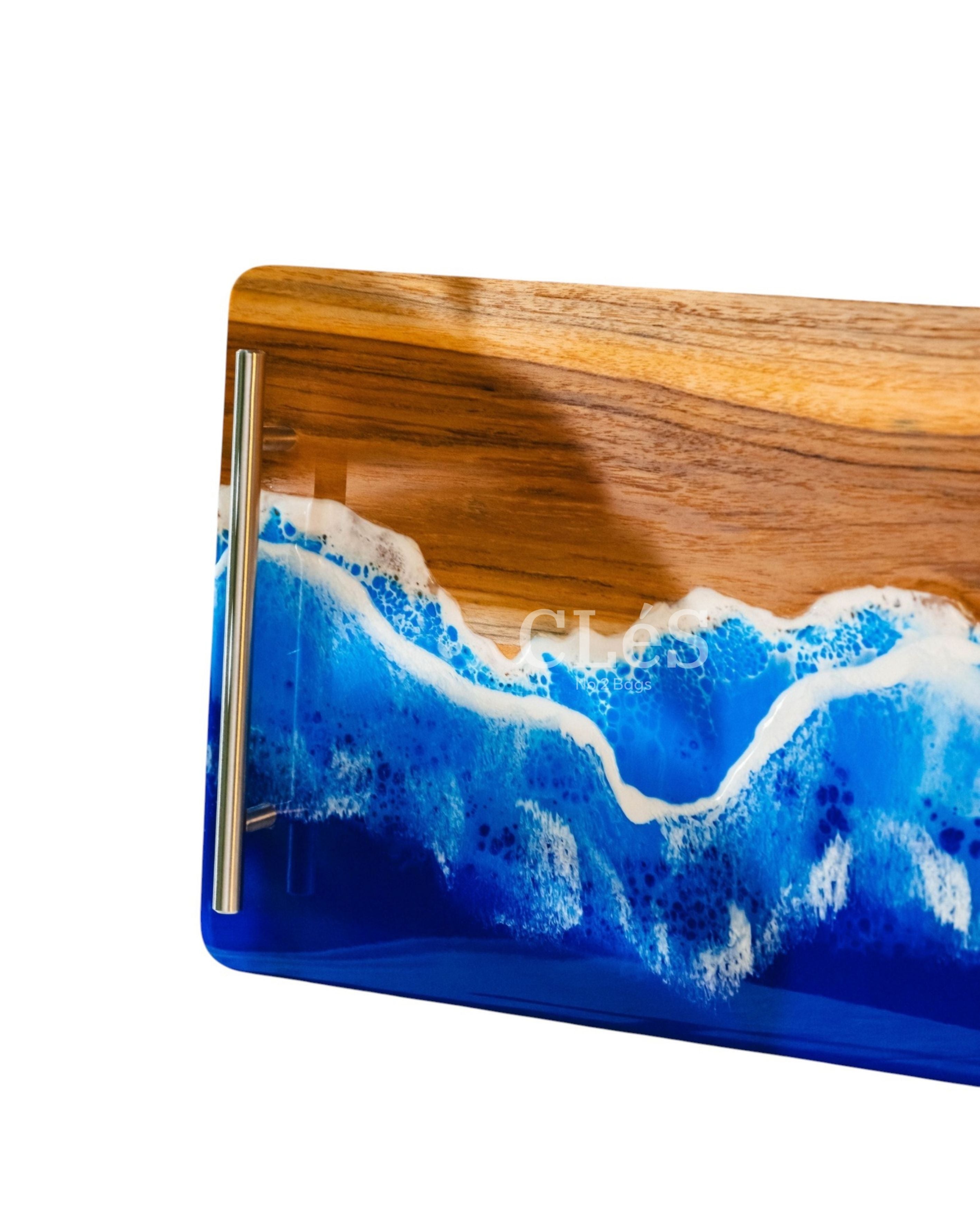Ocean Wave Epoxy Resin Wood Serving Tray Handmade Coastal Tray