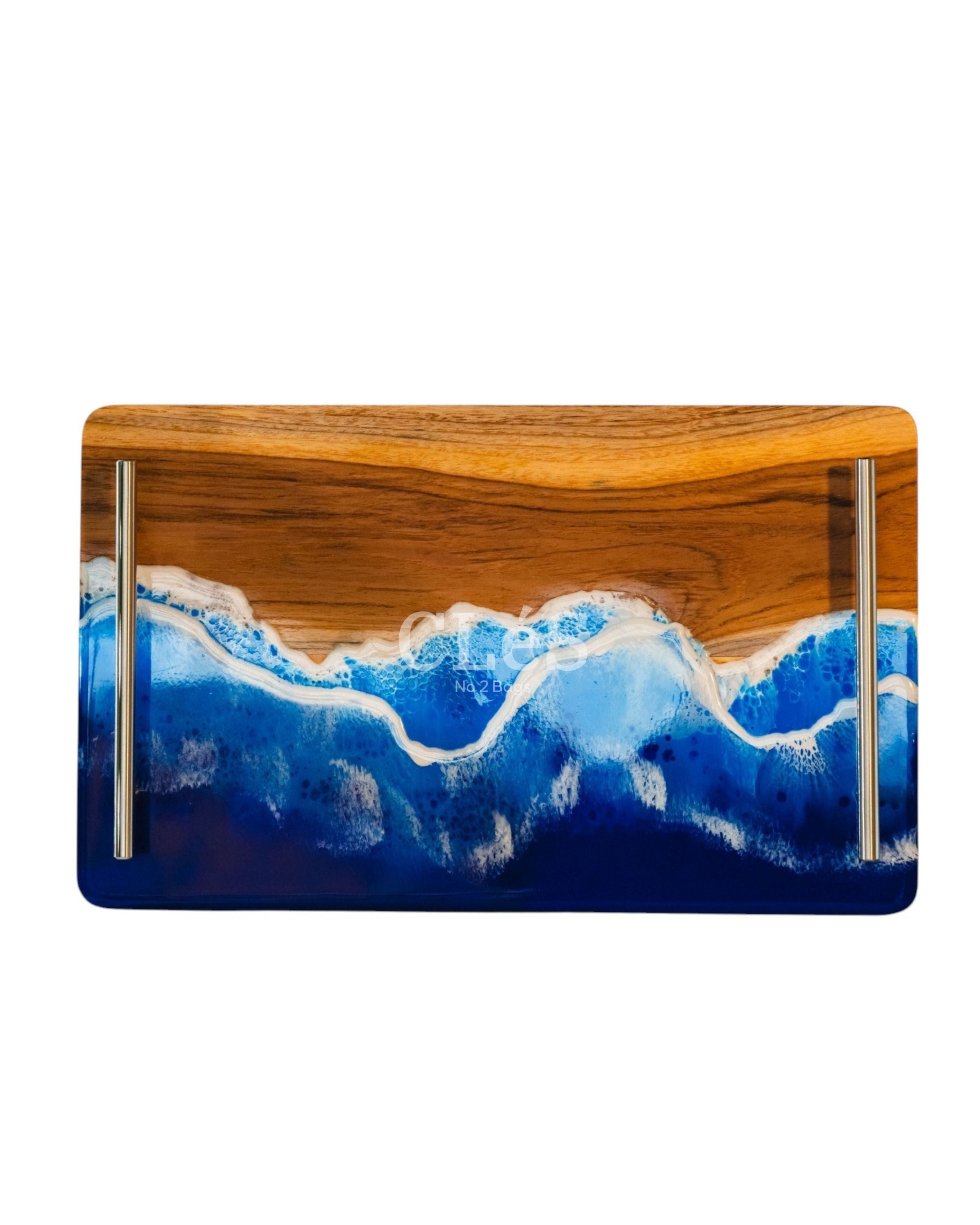 Ocean Wave Epoxy Resin Wood Serving Tray Handmade Coastal Tray