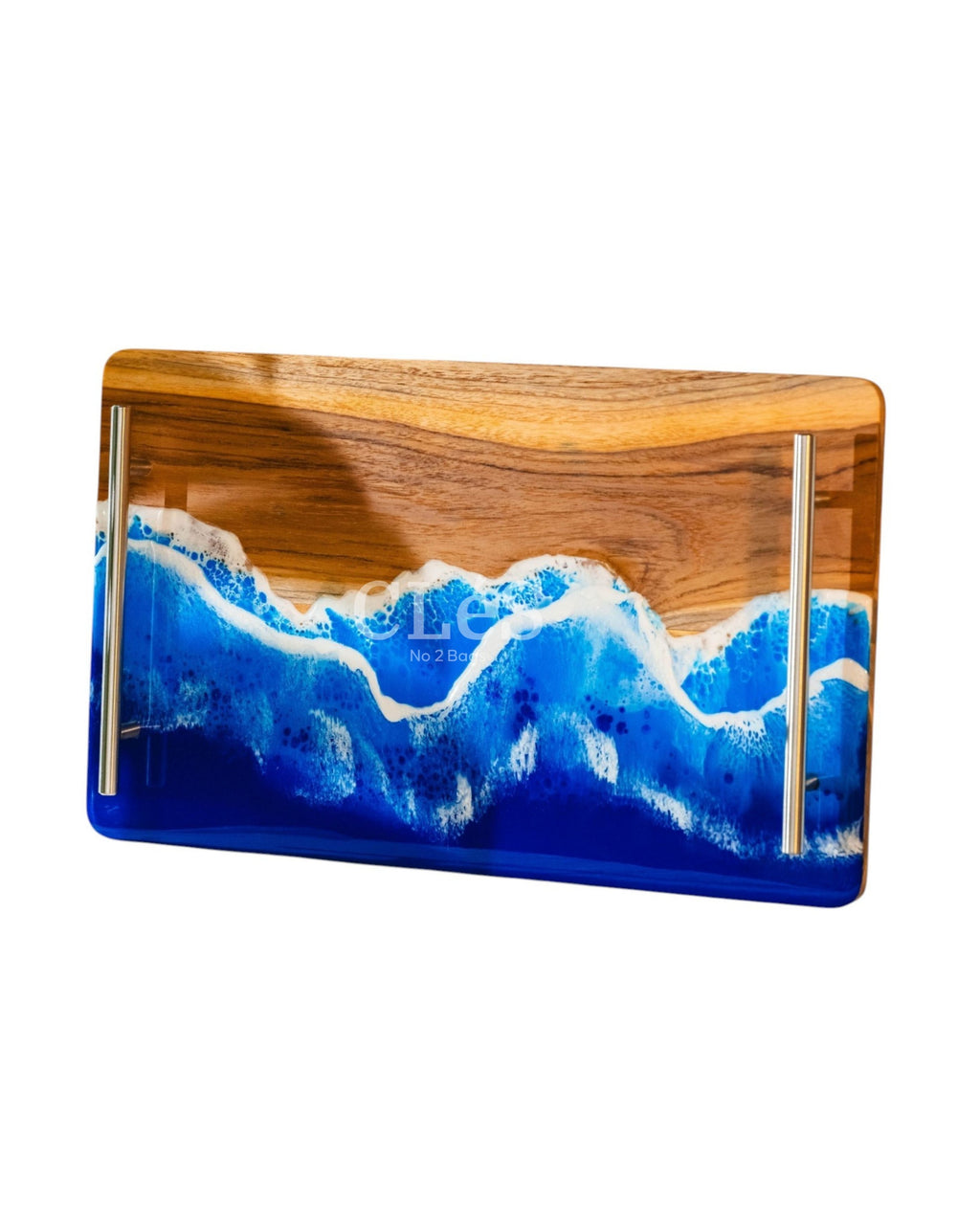 Ocean Wave Epoxy Resin Wood Serving Tray Handmade Coastal Tray