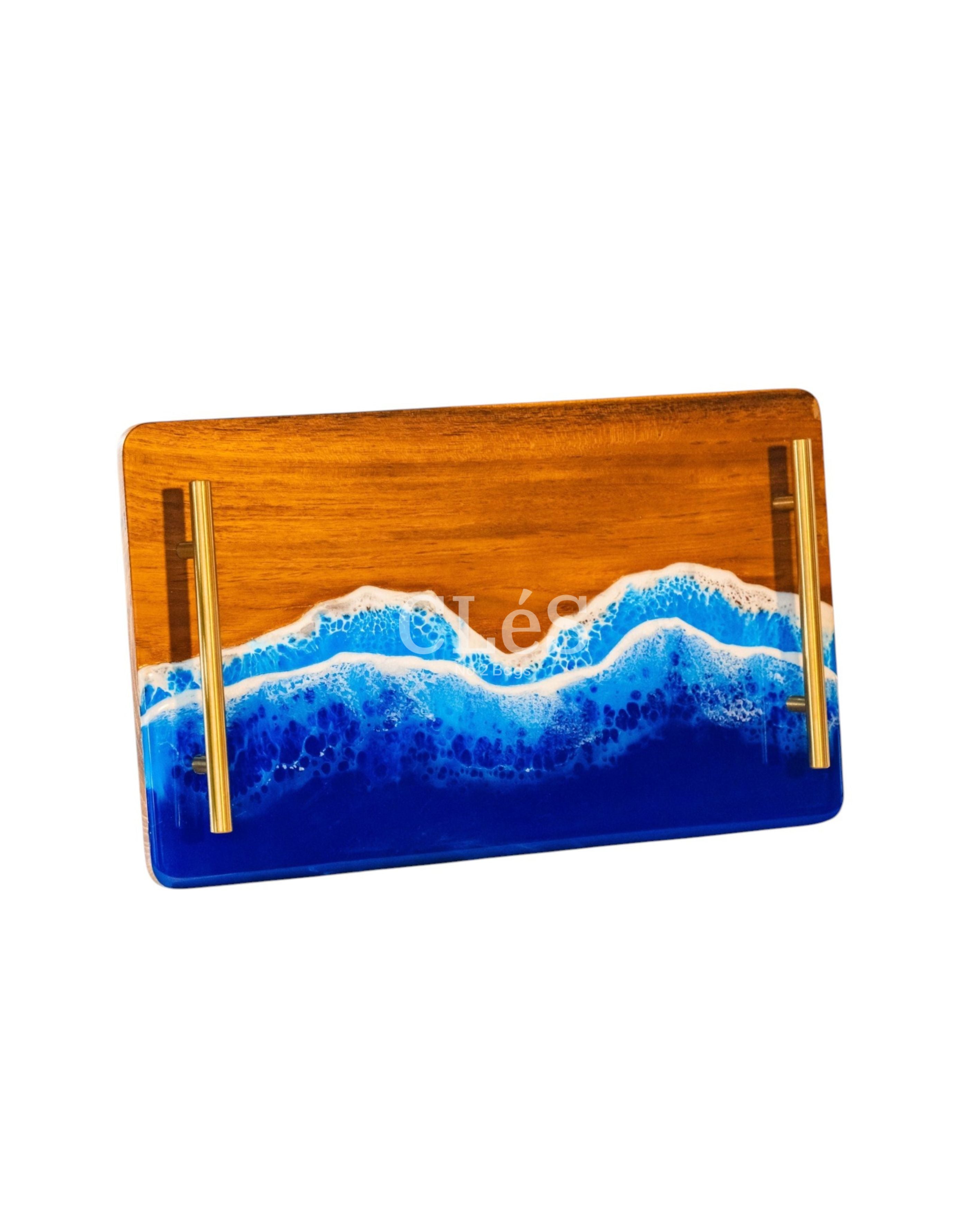 Ocean Wave Epoxy Resin Wood Serving Tray Handmade Coastal Tray